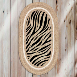Karnaval Oval Zebra Desenli Natural Modern Baskılı Jüt Örme Halı Hasır Kilim
